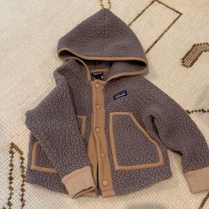 Patagonia Brown Hooded Fleece Jacket with Tan Trim